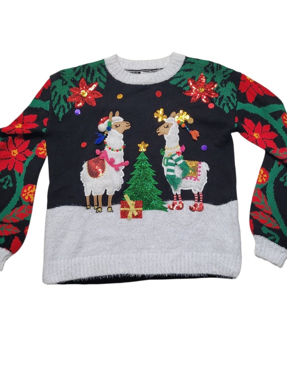 Holiday Time Llama Ugly Christmas Sweater Poinsettias 3D Embellished Crew Neck S
